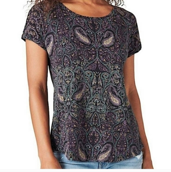 Lucky Brand 2X Paisley Boho Peasant Short Sleeve Split Back Top Shirt - Picture 1 of 8